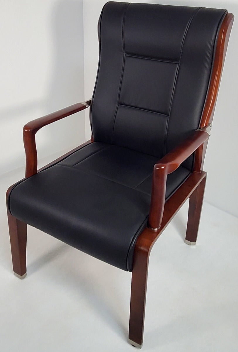Luxury Black Leather Visitor Chair with Walnut Frame - DES-549